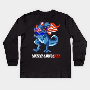 America USA 4th July T-Rex Gift Kids Long Sleeve T-Shirt